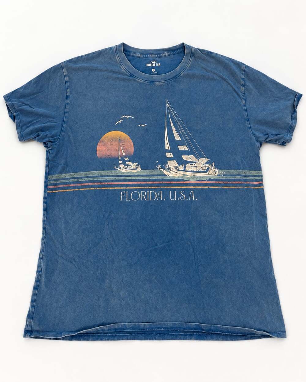 Hollister Graphic Tee Size S Florida Sailboat Sunset Blue Cotton